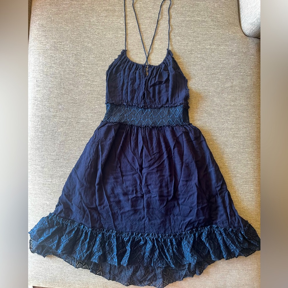 Meghan LA navy blue backless sheer lace waist panel and accents size S-M